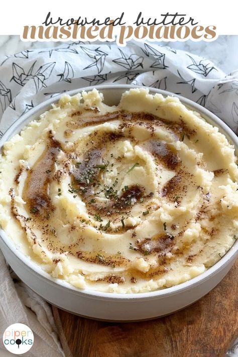 Browned Butter Mashed Potatoes with Thyme | Complete your Thanksgiving or Christmas dinner table with these super savory, creamy mashed potatoes with brown butter and fresh thyme. These 4 simple ingredients will turn your ordinary mashed potatoes into a star side dish - while keeping it easy enough for any day of the week. Mashed Potatoes With Buttermilk, Brown Butter Mashed Potatoes, Grilled Potato Recipes, Loaded Fries Recipe, Perfect Potatoes, Mizithra Cheese, Butter Mashed Potatoes, Potato Appetizers, Baked Potato Recipes