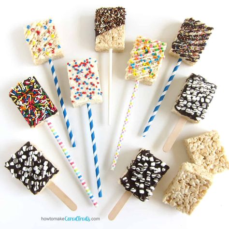 Rice Krispie Treat Pops, Rice Crispy Pops, Rice Krispies Pops, Rice Krispie Bars, Lollipop Recipe, Chocolate Dipped Treats, White Chocolate Candy, Delicious Rice, Cereal Treats