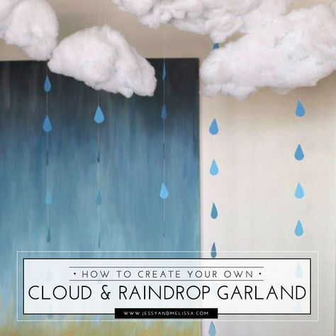 Raindrop Garland Diy, Clouds For Classroom Decor, Rain Drop Garland, Middle School Classroom Themes, Raindrop Garland, Library Magic, Rain Crafts, Turtle Room, Classroom Ceiling