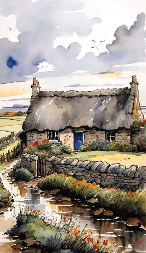 Fishermans Cottage, Pen And Wash, Watercolour Inspiration, Seaside Cottage, Cottage Art, Watercolor Landscape Paintings, Pen And Watercolor, Beginner Painting, Watercolor Sketch