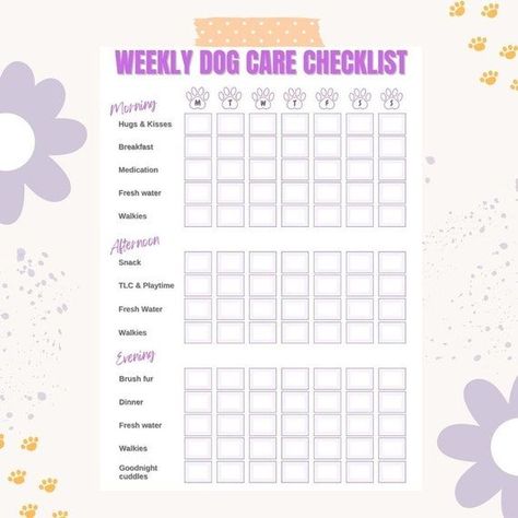 Dog Care Printable Checklist Purple Pet Care Planner Digital - Etsy | Printable Planner by  Cheryl Sarvis Pet Care Printables, Pet Care Planner, Dog Care Checklist, Weekly Checklist, Morning Hugs, Printable Dog, Dog Walk, Printable Checklist, Pet Sitting