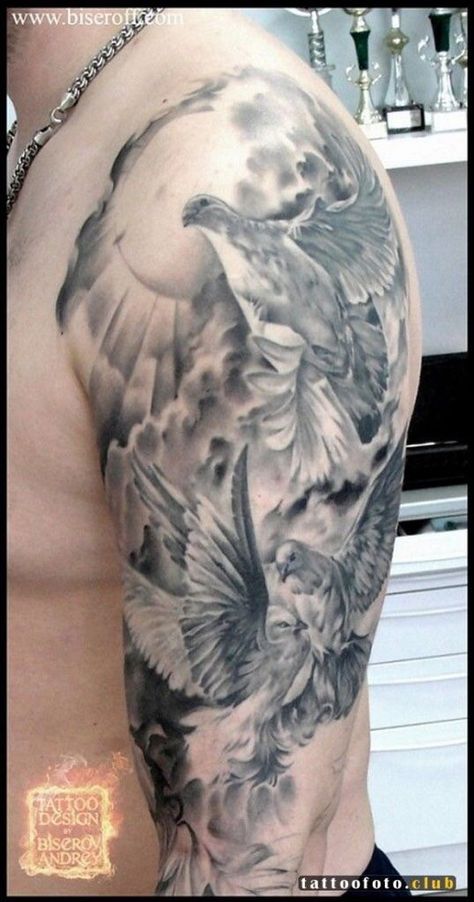 Angel Tattoo Men Bicep, Angle Tattoo For Men, Godly Tattoos, Tattoo Quotes Men, Doves Tattoo, Min Tattoo, Shoulder Piece Tattoo, Forest Forearm Tattoo, Guardian Angel Tattoo Designs