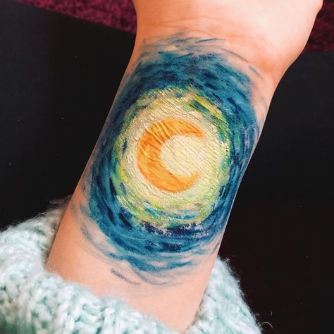 Starry Night Moon Tattoo, Starry Night Inspired Tattoo, Starry Night Tattoo, Detailed Tattoos, Tattoo Fixes, Artsy Makeup, Filmmaking Inspiration, Starry Night Painting, Bel Art