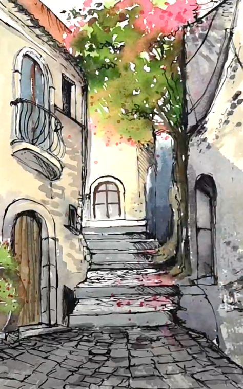 (9+) Alleyway Scene: Urban Sketching in watercolour and Ink | Suzanne Abraham | Skillshare Urban Sketching With Watercolor, Ink And Watercolor Art Buildings, Ink And Watercolour Drawings, Urban Sketch Tutorial, Urban Sketchers Beginner, Watercolour And Ink Illustrations, Loose Urban Sketching, Watercolor City Easy, Urban Watercolor Sketching