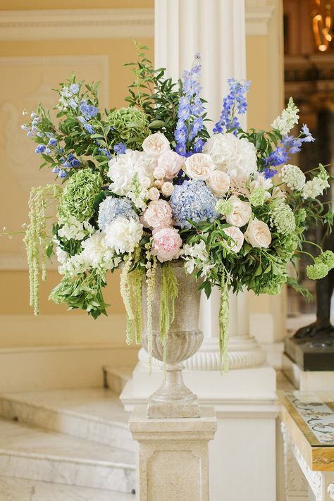 Blue Conservatory, Church Wedding Flowers Altar, China Blue Wedding, Blue Flower Arrangements, Conservatory Wedding, Church Wedding Flowers, Wedding Flower Guide, Large Floral Arrangements, Altar Flowers