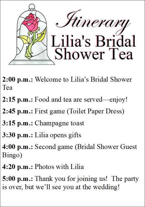 Tea Party Itinerary, Bridal Shower Schedule Of Events, Bridal Shower Program Ideas, Bridal Shower Agenda, Bridal Shower Program, High Tea Bridal Shower Ideas, Bridal Shower Timeline, Bridal Shower Itinerary, Bridal Shower High Tea