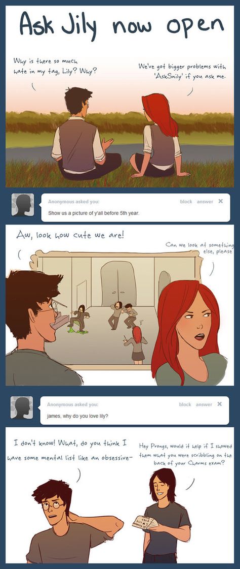 So as I mentioned, tumblr has me pretty addicted. There's been this trend going around where people make 'ask' blogs for certain characters where people can send in questions. I decided to do it fo... Ask Jily Comics, James Lily Harry Fanart, Ask Jily, Jily Fanart, Lily And James Potter Fan Art, James And Lily Potter Headcanon, If James And Lily Potter Survived, Harry Potter Lily And James, Gellert Grindelwald