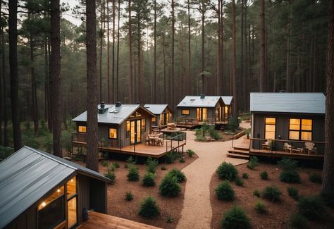 A cluster of cozy tiny homes nestled among the pine trees of East Texas, with a central communal area and winding pathways connecting the homes Tiny House Community Airbnb, Group Of Tiny Houses, Building A Commune, Family Commune Ideas, Tiny Cabin Community, Tiny Home Campground, Community Living Ideas, Camping House Design, Tiny Homes On Land