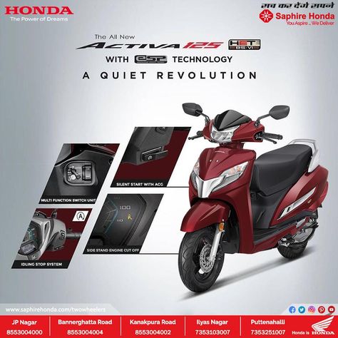 Activa 125 BS6 with ESP Technology  The eSP technology combines high power and high fuel efficiency with a quiet start, and a smooth eco-friendly engine starts a quiet revolution. Activa Scooty, Honda Activa 125, Side Stand, Enjoy The Ride, Engine Start, New Honda, The Quiet, Work Ideas, Fuel Efficient