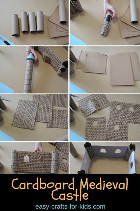 Recycle that old cardboard into some great Medieval crafts for kids. This cardboard medieval castle is so much fun to build and then use in imaginary play! Castle Art Projects, Model Castle, Castle Crafts, Cardboard Crafts Kids, Castle Project, Cardboard Castle, Kids Castle, Medieval Crafts, Toy Castle