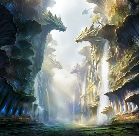 Game Landscape, Fantasy Background, Landscape Concept, Fantasy City, Fantasy Setting, Fantasy Places, Ancient City, Mythical Creatures Art, Fantasy Art Landscapes