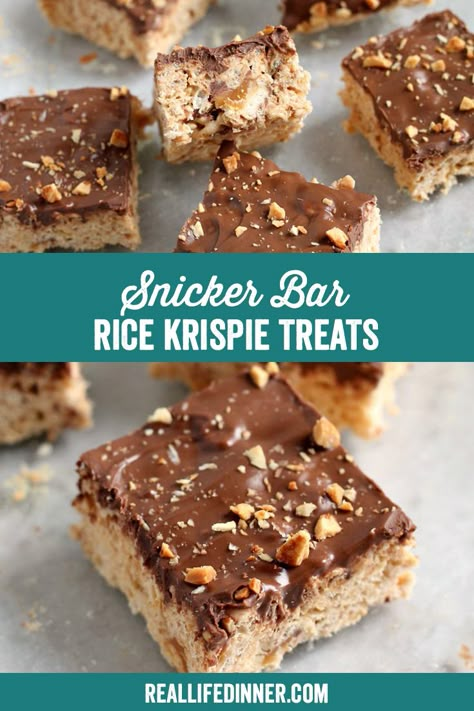 Dreamy Krispie Toffee Squares, Rice Krispie Treats Smores, Snickers Rice Krispie Treats Bar, Snickers Rice Crispy Treats, Rice Krispie Treats Caramel, Carmel Rice Crispy Treats, Snicker Rice Krispie Treats, Thanksgiving Rice Krispie Treats Ideas, Cookies And Cream Rice Krispie Treats