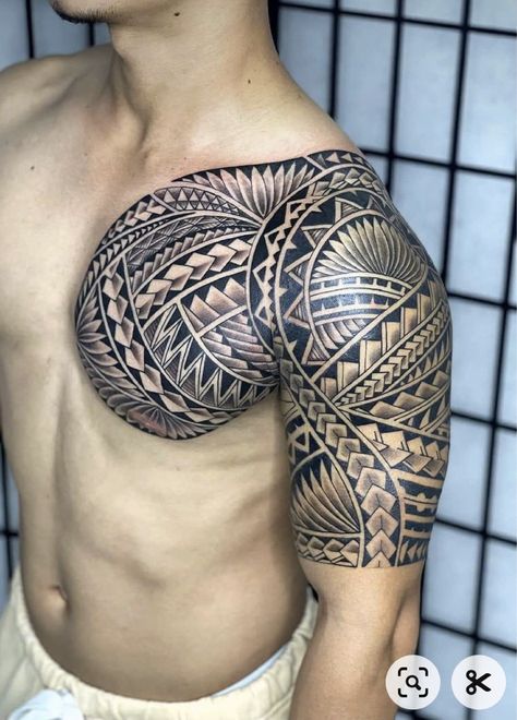 Samoan Sleeve Tattoo For Men, Maori Tattoo Shoulder, မာယာ Tattoo, Polynesian Tattoo Sleeve Men, Polynesian Tattoo Designs Men Arm, Maori Shoulder Tattoo, Tattoo Chest And Shoulder, Harmony Tattoo, Polynesian Tattoo Sleeve