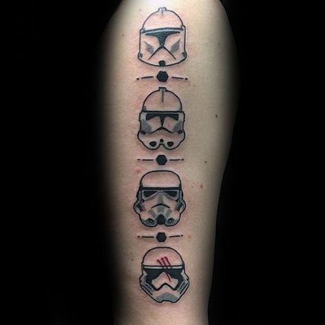 Stormtrooper Helmets Tattoos On Guys Upper Arm Stormtrooper Tattoo, Fake Tattoo Sleeves, Helmet Tattoo, Star Wars Helmet, Stormtrooper Helmet, Knuckle Tattoos, Tattoo For Son, Star Wars Tattoo, Star Wars Stormtrooper