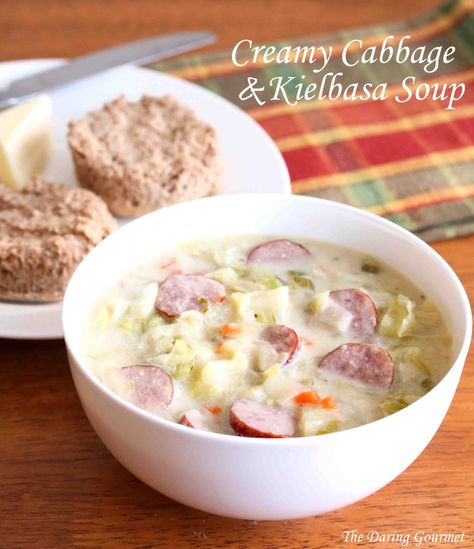 creamy cabbage kielbasa sausage soup recipe Cabbage Kielbasa, Creamy Cabbage, Kielbasa Soup, Kielbasa And Potatoes, Sausage Sauerkraut, Sauerkraut Soup, Sausage Potato, German Sausage, 30 Minute Meals Easy