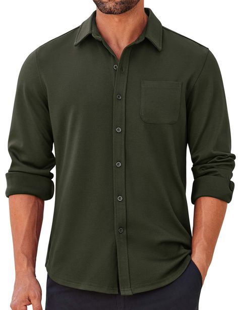 PRICES MAY VARY. Wrinkle Free: This long sleeve untucked shirt is crafted from premium wrinkle-resistant and stretchy fabric, ensuring a stylish look and comfortable fit throughout the day Classic Design: Featuring a single chest pocket solid colors, this casual button down shirt offers a timeless and versatile style suitable for both casual and formal occasions Collocation: Solid color design makes it a versatile piece that can easily be paired with various clothing items; Pair it with dress pa Mens Olive Dress Shirt, Men’s Office, Shirt Wrinkles, Business Casual Summer, Shirt With Pocket, Modern Gentleman, Stretch Dress, Tailored Trousers, Versatile Style