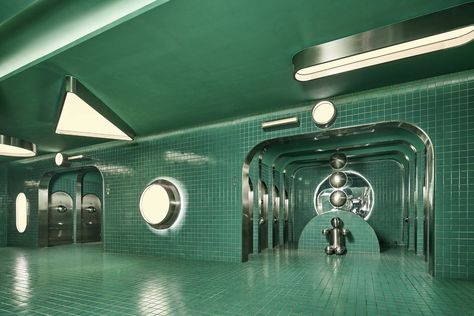 Retrofuturism Bathroom, Retro Futurism Fashion, Pig Design, Brutalism Architecture, Hangzhou China, Greek Temple, School Interior, Public Bathrooms, Project Site