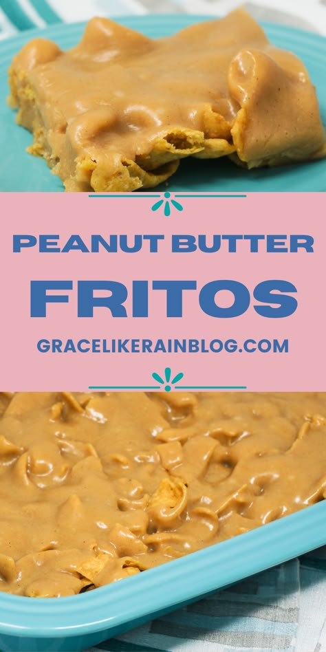 Peanut Butter Fritos Cookies are an easy no-bake treat that is made in the microwave! We're taking Fritos corn chips and coating them in a thick peanut butter layer that will knock your socks off. These Peanut Butter Fritos bars are so easy and delicious. | Fritos Peanut Butter Cookie bars | Fritos Corn Chips covered in Peanut Butter | Frito Dessert Recipes | Frito Cookies recipe | Easy Fritos Dessert | Quick Dessert recipe | easy peanut butter dessert with chips Fritos Bars, Peanut Butter Fritos, Frito Bars Recipe, Peanut Butter Recipes Easy, Frito Recipe, Peanut Butter Snacks, Peanut Butter Sandwich, Candy Recipe, Lost 100 Pounds