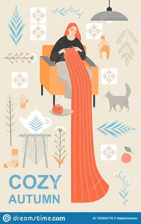 Woman Knitting Illustration, Hygge Illustration, Scarf Vector, Knitting Illustration, Cute Objects, Autumn Accessories, Scandinavian Hygge, Accessories Illustration, Knitting Scarf