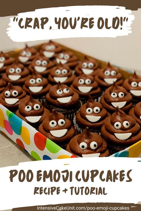 Poop Emoji cupcakes - chocolate cupcakes with chocolate frosting decorated to look like the Poo Emoji Poo Emoji Cupcakes, Poop Emoji Cupcakes, Toilet Cake, Emoji Cupcake, Emoji Birthday Cake, Emoji Cupcakes, Chocolate Cupcake Recipe, Emoji Cake, Super Mario Cake