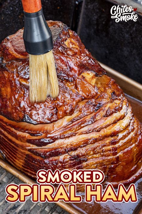 Sweet, spicy, sticky, and glistening in glory, Smoked Spiral Ham with Hot Honey Bourbon Glaze will beckon you to steal a slice before it even hits the table. Combining a kick of sweet heat with familiar flavors, this double-smoked ham is an instant classic. Spiral ham is one of the easiest and most forgiving proteins you can smoke. Because it is already cooked you’re just heating it to temperature while setting the hot honey bourbon glaze. Smoked Spiral Ham, Fall Bbq, Double Smoked Ham, Cooking Spiral Ham, Smoked Ham Recipe, Peach Bourbon, Traeger Smoker, Smoked Recipes, Spiral Sliced Ham