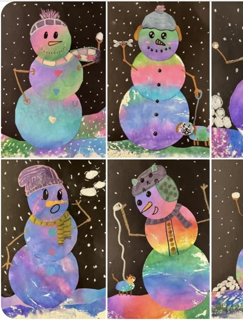 Kindergarten Snowman Art, Kindergarten December Art, Winter Art Lessons Elementary, Snowman Art Projects For Kids, Winter Art Projects For Kids Elementary, Kindergarten Christmas Art, Winter Art For Kids, January Centers, Makerspace Library