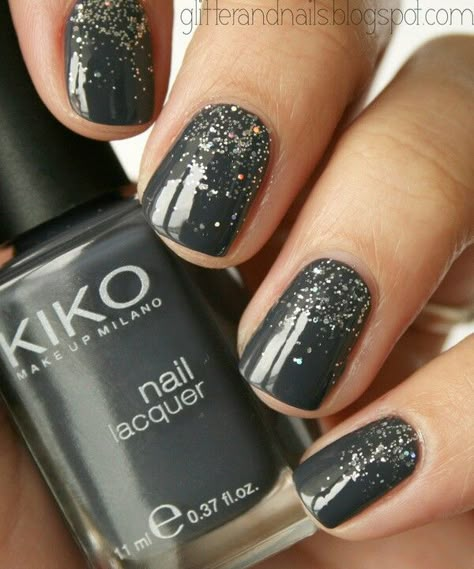 Dark Charcoal & Glitter Nails Dark Grey Glitter Nails, Dark Gray Nail Ideas, Dark Gray Nails With Glitter, Dark Grey Nail Ideas, Grey Glitter Nails, Dark Nails With Glitter, Dark Gray Nails, Fall Manicure, Her Nails