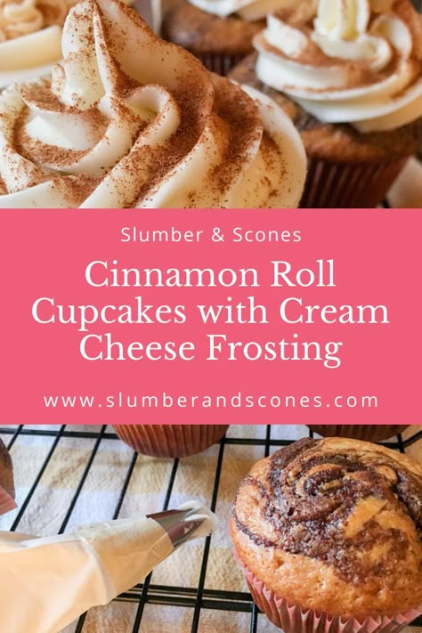 Cinnamon Roll Cupcakes with Cream Cheese Frosting | Slumber and Scones Cinnamon Bun Cupcake Recipe, Cinnamon Roll Cupcakes Box Cake, Best Fall Cupcake Recipes, Best Fall Cupcakes, Pumpkin Cinnamon Roll Cupcakes, Cinnamon Roll Cupcakes Easy, Thanksgiving Cupcake Flavors, Halloween Cupcakes Flavors, Different Flavor Cupcakes