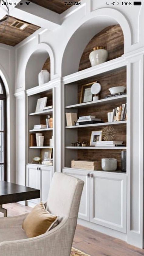 Bookcase staging Cool Walls Ideas, Office Bookshelves Standing Shelves, Aesthetically Pleasing Bookshelves, Arched Library Wall, Arched Built In Bookcase, Arched Library, Arched Bookcase Built In, Arched Built Ins Living Room, Arched Bookcase