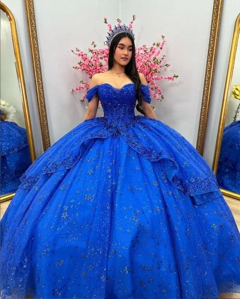 King Blue Sparkly Quinceanera Dresses Off Shoulder Fairy Skirt Applique Sequins robe de princesse Sparkly Quinceanera Dresses, Royal Blue Quince Dress, Blue Quince Dress, Royal Blue Quinceanera Dresses, Royal Blue Quince, Royal Blue Quinceanera, Corset Ball Gowns, Dresses Off Shoulder, Sweet 15 Dresses