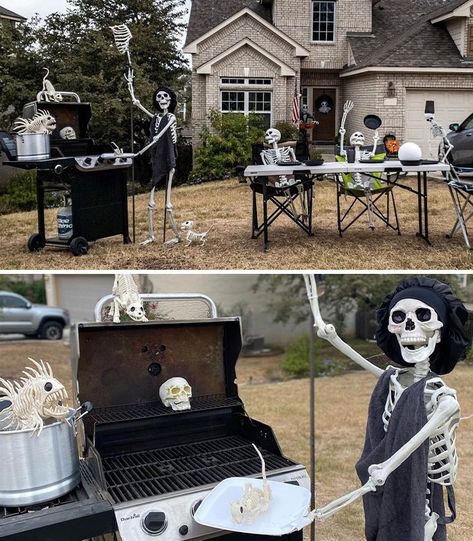 Halloween Bbq Ideas, Halloween Skeleton Bbq, Bag Of Bones Halloween Ideas, Skeleton Grilling, Cookout Decorations, Halloween Bbq, Skeleton Scenes, Skeleton Decorations Outdoor, Skeleton Poses