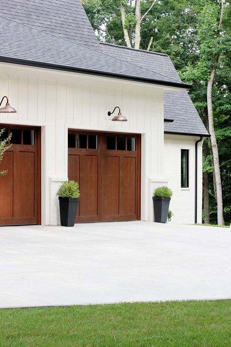 Oak Garage Doors, Brown Garage Door, Cedar Garage Door, Plank And Pillow, Garage Door Trim, Black Garage Doors, Faux Wood Garage Door, Garage Door House, Garage Door Windows