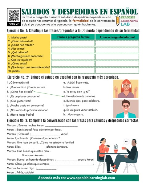 Greetings and farewells in Spanish - PDF Worksheet - SpanishLearningLab Spanish Teacher Classroom, Spanish Exercises, Beginner Spanish Lessons, Spanish Help, Spanish Teacher Resources, Useful Spanish Phrases, Spanish Learning Activities, Spanish Classroom Activities, Spanish Conversation