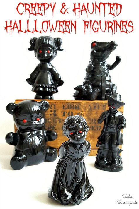 Create the creepiest, spookiest DIY Halloween decor by upcycling and repurposing ceramic figurines from the thrift store! Simply give them a super spooky makeover so that they become HAUNTED figurines. Amazing upcycle Halloween craft project idea from Sadie Seasongoods at www.sadieseasongoods.com #halloween #halloweendecor #Halloweencraft #Halloweenproject Upcycle Halloween, Spooky Diy Halloween Decor, Haunted Objects, Idea For Halloween, Halloween Decor Diy, Halloween Craft Projects, Creepy Decor, Diy Halloween Decor, Thrift Store Crafts