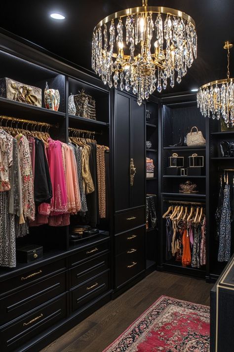 Create a closet that feels like your personal boutique. Use display racks, velvet-lined drawers, and chic lighting to showcase your favorite pieces in style. 🛍️✨👠 #BoutiqueCloset #FashionForward #HomeDecor #ClosetInspiration Moody Closet, Luxurious Walk In Closet, Moody Office, Black And Gold Accents, Chic Lighting, Master Room, Dream Closets, Glam Room, Closet Inspiration