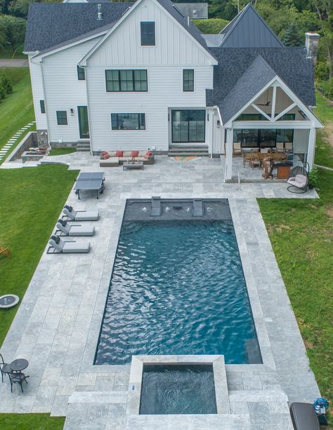 Rectangle Pool Concrete Ideas, Dark Pavers Around Pool, Pool With Tiles, Marble Pavers Around Pool, Pool With Pavers Around, Pool Pavers And Coping, Pool Pavers Ideas, Pool Coping And Tile, Pavers Around Pool