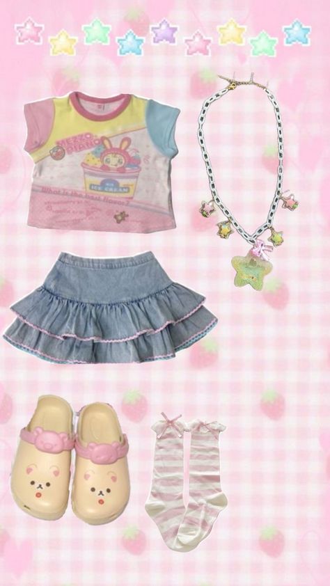 cutecore Summer outfit Kawaii Shirts & Tops, Pink Core Clothes, Simple Cutecore Outfits, Cute Strawberry Outfit, Harakuju Outfit, Cutecore Outfit Layout, Cutecore Summer Outfits, Kawaii Core Clothes, Cutegore Outfit