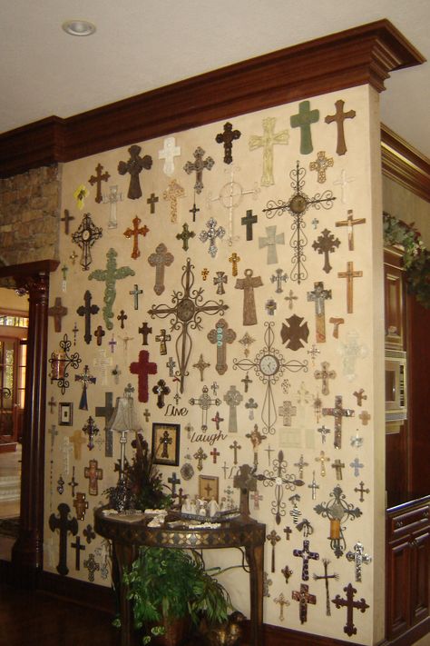 I like this one because it's a small wall, but the way the crosses are arranged, it looks like wallpaper.  @Momma Cronan Wall Of Crosses Ideas Living Room, Cross Collection Wall Ideas, Catholic Bedroom Aesthetic, Wall Of Crosses Ideas, Crosses Decor On Wall, Cross Wall Collage, Cross Walls, Wall Of Crosses, Cross Wall Art