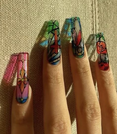 Stained Glass Nails Acrylic, Insane Nail Designs, Stained Glass Nail Art, Stained Glass Nails, Practice Nails, Wow Nails, Gothic Nails, Fancy Nails Designs, Long Acrylic Nails Coffin