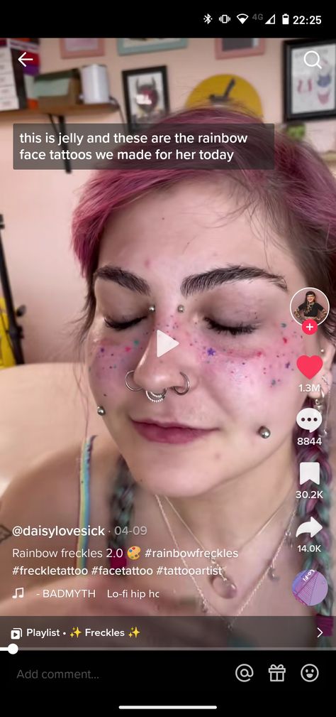 Confetti Freckles Tattoo, Rainbow Tattoo Freckles, Colored Freckles Tattoo, Star Freckle Tattoo Face, Freckle Tattoo Stars, Tattoo Freckles Colorful, Color Freckles Tattoo, Star Tattoo Face, Rainbow Freckle Tattoo