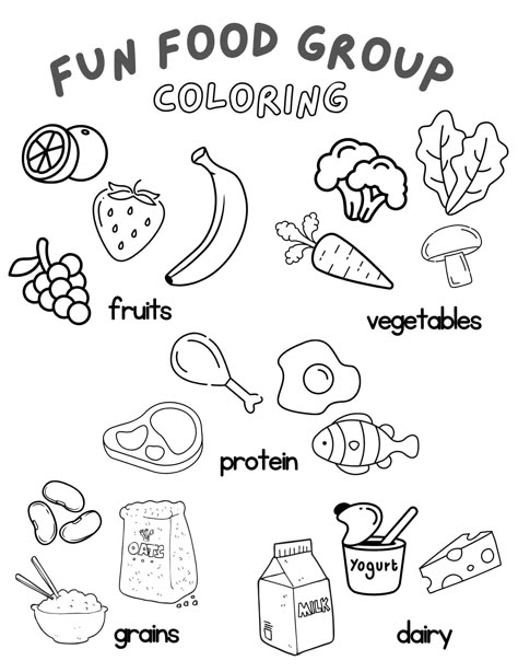 Add a splash of fun to learning with this delightful Fun Food Group Coloring Sheet! Perfect for kids and adults alike, this printable coloring sheet features playful illustrations of different food groups, making it an enjoyable and educational activity. Whether you're a teacher, parent, or just love coloring, this sheet is a great way to encourage healthy eating habits while sparking creativity. Download, print, and start coloring today! Healthy Eating Template, Food And Nutrition Preschool Activities Fine Motor, Food Drawing Template, Healthy Eating Arts And Crafts For Kids, Chef Worksheets Preschool, Healthy Coloring Pages, Healthy Eating Kids Activities, Food Groups Preschool Activities, Food Colouring Activities For Kids