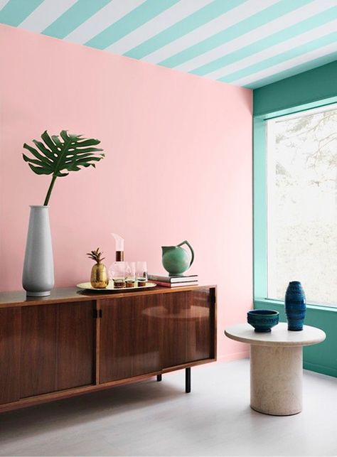 SFGirlByBay shows off a bright space with striped painted ceilings. Are you a fan of the painted ceiling trend? Join the debate! #ceilings #paintedceilings #trend #interiors Deco Pastel, Murs Roses, Miami Art Deco, Pastel Interior, Dekorasi Kamar Tidur, Nordic Interior, Interior Paint Colors, Pink Interior, Design Del Prodotto