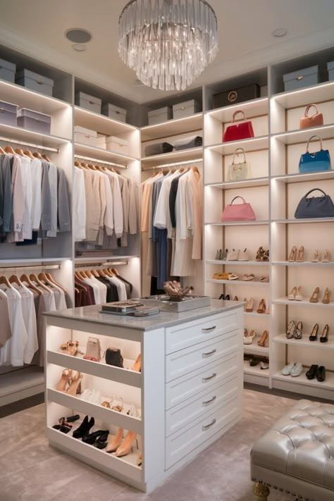 Get inspired by these stunning dream closet designs! From boutique-style closets to clever small-space solutions, create the closet of your dreams. Teenage Walk In Closet, Women Walk In Closet Ideas, Womens Master Closet Ideas, Closet Of Dresses, His And Hers Walk In Closet Ideas, Small Dream Closet, Walk In Closet Inspo Aesthetic, Closet Designs With Island, Dream Closet Design Aesthetic