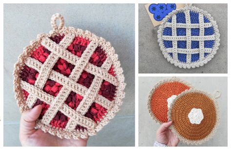 Crochet Pot Holders Pattern Free, Pot Holders Knitted, Knitting Pot Holders Free Pattern, Thanksgiving Crochet Pot Holders, Crochet Pot Holders Free Pattern Round, Crochet Pie, Pie Crochet, Lattice Pie, Crochet Pot Holder