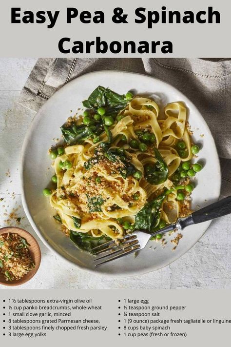 Spinach Carbonara, Fast Weeknight Dinners, Egg Yolk Recipes, Pasta With Peas, Spinach Egg, Carbonara Recipe, Parmesan Pasta, Vegetarian Entrees, Spinach Pasta