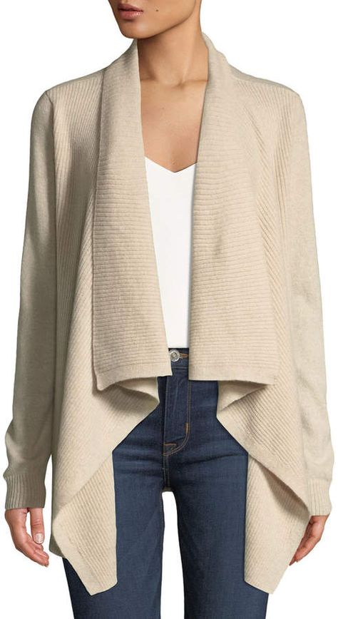 Neiman Marcus Cashmere Ribbed-Trim Drape-Front Cardigan, Beige Drape Cardigan Outfit, Beige Drapes, Womens Knitting Patterns, Draped Cardigan, Cardigan Outfit, Cardigan Beige, Drape Cardigan, Cardigan Outfits, Beige Cardigan