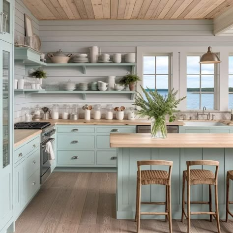 Beach Kitchen Ideas Coastal Colors, Beach Cottage Kitchens, Coastal Cottage Kitchen, Trendy Kitchen Design, Coastal Kitchen Design, Warm Wood Tones, Beach House Kitchens, Beach Kitchens, Curated Home