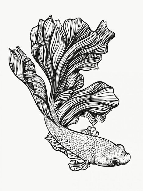 Betta fish Premium Vector | Premium Vector #Freepik #vector #line #nature #fish #animal Betta Fish Tattoo, Ikan Laga, Fighter Fish, Intricate Drawings, Fish Paintings, Beautiful Pencil Drawings, Fish Drawing, Nature Art Drawings, Fish Illustration