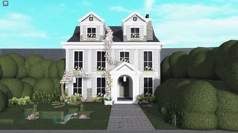 Cosmicxvelvetxof Bloxburg, Bloxburg Small Exterior, London House Bloxburg, Realistic Bloxburg House Exterior Coastal, Bloxburg Floral House, Frenchrxses Bloxburg House, Floral House Exterior, Bloxburg Parisian House, Old Money Bloxburg House