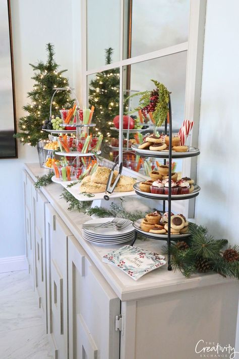 Holiday Entertaining Shortcuts and Creative Tips Christmas Buffet Table, Millhaven Homes, Classy Christmas Party, Food Display Table, Buffet Set Up, Christmas Buffet, Christmas Open House, Buffet Decor, Buffet Set